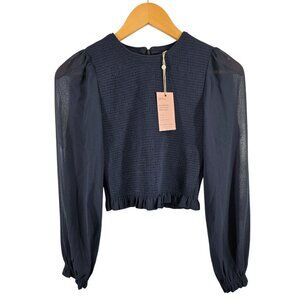 Quince Chiffon Smocked Blouse Navy XS NWT